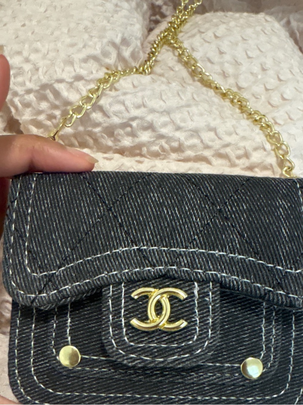 Chanel Black Denim Crossbody Bag with Gold Chain